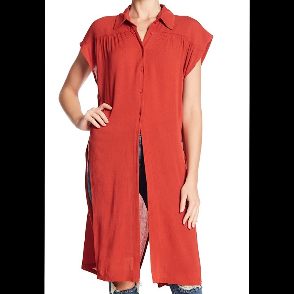 WAYF Short Sleeve Waist Tie Tunic in Rust